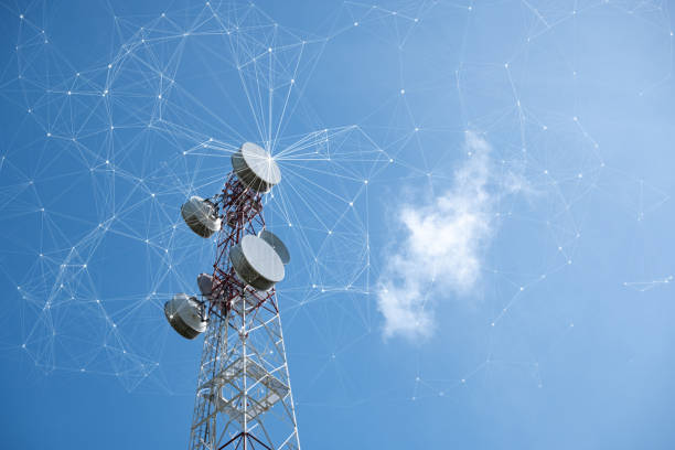 Telecommunication tower with mesh dots, glittering particles for wireless telecommunication technology